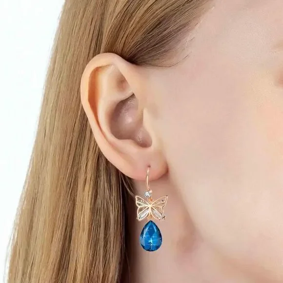 14K Rose Gold with Bermuda Blue Austrian Crystal Butterfly Teardrop Earrings
